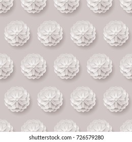 Paper flowers seamless pattern. Paper volume flowers on a pink-gray background seamless for designers and illustrators. Original template as a vector illustration