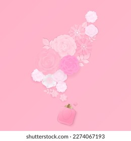 Paper flowers set with bottle of perfume on pink background. Paper cut and craft design.