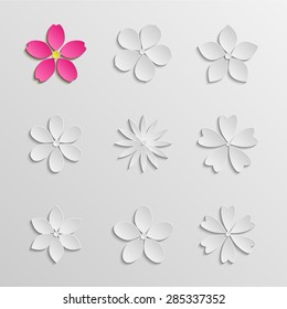 Paper Flowers Set. Gray Scale. Pink Abstract Flower. Vector EPS 10