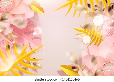 Paper flowers and tropical leaves background in 3d illustration