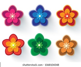 Paper Flowers Vector - Set of simple, colorful paper cut flowers isolated on a white background. Single flower style with multiple color variations. Great for greeting cards, signs, or invitations.
