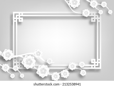 Paper flowers and white rectangle frame, blank flower papercut style for wedding decoration, greeting card template.