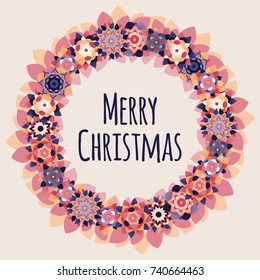 Paper flowers winter, Christmas, New Year wreath. Merry Xmas geometric decoration, frame, text box, greeting card.