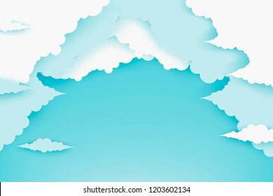 Paper fluffy clouds in blue sky. Modern 3d paper cut style background in pastel colors
