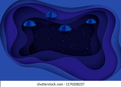 Paper  fluffy clouds and shining stars in midnight. Modern 3d origami deep paper art style. Vector illustration, dark night sky