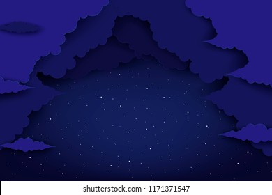 Paper  fluffy clouds and shining stars in midnight. Modern 3d origami deep paper art style. Vector illustration, dark night sky