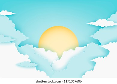 Paper fluffy clouds and sun in blue sky. Modern 3d paper cut style background in pastel colors