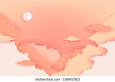 Paper fluffy clouds and sun in the sky. Modern 3d paper cut style background in pastel colors