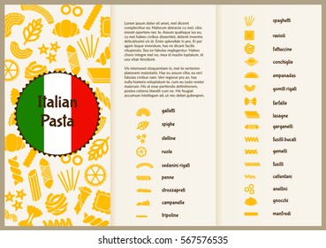 Paper flyer for presentation with types of pasta. Great for advertising. Vector illustration.