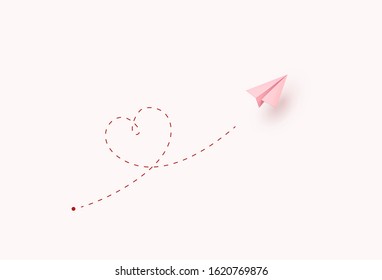 Paper flying airplane on pink background. Vector symbol of love in shape of heart for Happy Mother's, Valentine's Day greeting card design.
