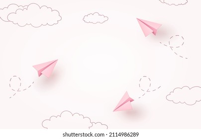 Paper flying airplanes on pink sky background. Empty postcard. Vector cartoon children planes in air for Happy Mother's, Valentine's Day greeting card design.	