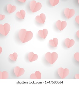 Paper flying elements on pink heart background. Vector symbols of love in shape of heart for Happy Valentine's Day greeting card design.