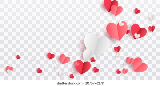 Paper flying elements on transparent background. Vector symbols of love in shape of heart for Happy Women's, Mother's, Valentine's Day, birthday greeting card design. PNG	