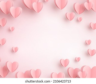 Paper flying elements in shape of heart on pink background. Vector symbols of love for Happy Women's, Mother's, Valentine's Day, birthday greeting card design