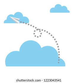 Paper flying plane in clouds. Blue sky travel background. Cutout flat icons. Vector illustration.