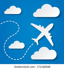 Paper Flying Plane In Clouds. Blue Sky Travel Background. Cutout Flat Icons. Vector Illustration.