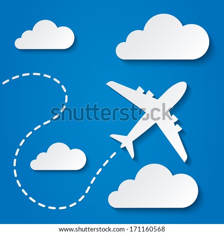 Paper flying plane in clouds. Blue sky travel background. Cutout flat icons. Vector illustration.