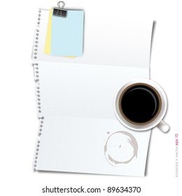 paper folded in 3 with post it and coffee on white background