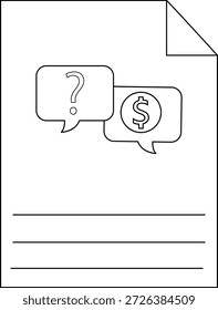 Paper with a folded corner dialogue bubbles with question mark and dollar sign and horizontal lines