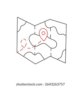 Paper folded map with a route editable doodle hand drawn icon. Map for camping, hiking, local tourism illustration