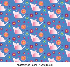 Paper folded, origami mouse or rat with flowers design.