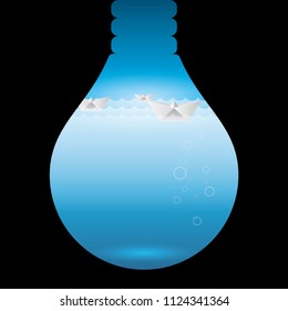 Paper folded ship in light bulb, isolated on black background.	