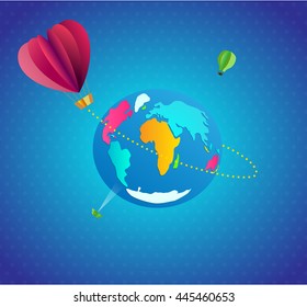 Paper folded travel illustration. Hot air balloon in a shape of a heart flies around the globe. There are also small UFO and other balloon.