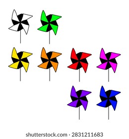Paper Folded Windmill Vector Line Art Collection in Black White Green Yellow Orange Red Pink Purple and Blue