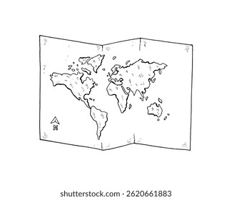 Papel dobrado mapa do mundo desenhado à mão esboço de um mapa do mundo.
