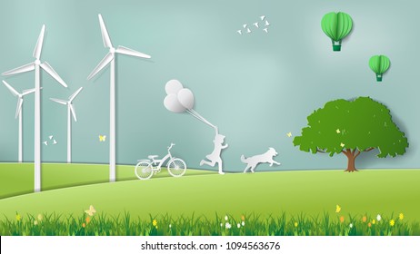 Paper Folding Art Origami Style Vector Illustration. Renewable Energy Ecology Technology Concepts, Girl Is Running And Holding Balloons With Her Dog In Green Meadow Park Which Full Of Wind Turbine.