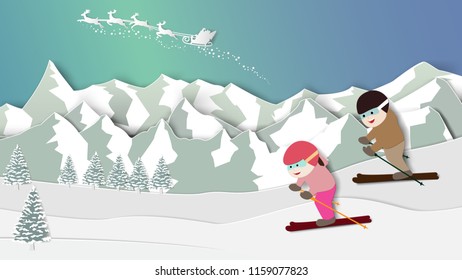 Paper folding art origami style vector illustration. Merry Christmas Happy New Year. Kids are enjoying skiing in winter snow, night aurora lights sky with santa claus reindeer over background mountain