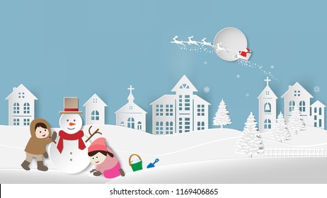 Paper folding art origami style vector illustration Merry Christmas Happy New Year Children making snowman and snowy landscape Winter night sky with santa claus reindeer on big moon village background