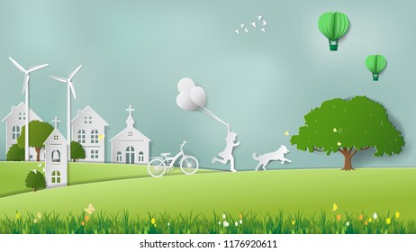 Paper folding art origami style vector illustration. Renewable energy ecology technology concepts, girl is running and holding balloons with her dog in green meadow park which full of wind turbine.