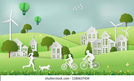 Paper Folding Art Origami Style Vector Illustration. Green Sustainable Energy Ecology Development Concept Father & Son Riding Bicycle, Mother & Dog Jogging In Village Parks Which Full Of Wind Turbine.