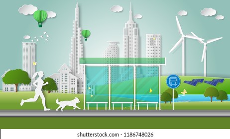 Paper folding art origami style vector illustration. Green energy ecology technology power saving environment friendly concepts. Woman and dog jogging on road through bus stop near green city parks.