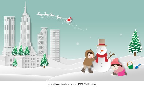 Paper folding art origami style vector illustration. Merry Christmas and Happy New Year. Children making snowman on snowy landscape. Winter night sky with santa claus reindeer on city background.