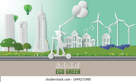 Paper folding art origami style vector illustration. Green sustainable energy ecology development, environment friendly concept. Child riding electric scooter in park beautiful city nature background.