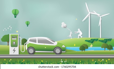 Paper folding art origami style vector illustration. Green sustainable energy ecology development, environment friendly concept. Electric car power charging, family resting in natural park background