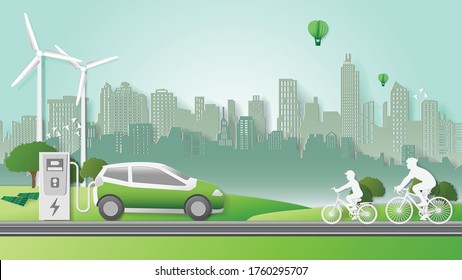 Paper Folding Art Origami Style Vector Illustration. Green Sustainable Energy Ecology Development, Environment Friendly Concept. Electric Car Power Charging, Family Riding Bicycle City Park Background