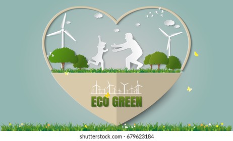 Paper folding art origami style vector illustration. Green renewable energy eco power saving environmentally friendly concepts-heart frame, girl is running to dad in meadow which full of wind turbine.