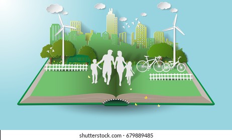 Paper folding art origami style vector illustration. Green renewable energy ecology technology power saving environmentally friendly concepts, family parent boy girl are walking in city parks on book.