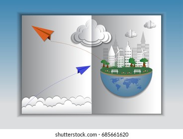 Paper folding art origami style vector illustration. Green renewable energy ecology technology power saving environmentally friendly concepts, the plane flying over clouds.  