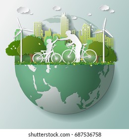 Paper folding art origami style vector illustration. Green renewable energy ecology technology power saving environmentally friendly concepts, father son join hands cycling in parks near city on globe