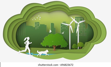 Paper folding art origami style vector illustration. Renewable energy ecology technology power saving environmentally friendly concepts. Dimension of thinking woman, dog running into green city parks.