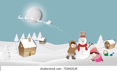 Paper folding art origami style vector illustration. Merry Christmas and happy New Year. Children making snowman and snowy landscape. Winter night sky with santa claus reindeer on big moon background.