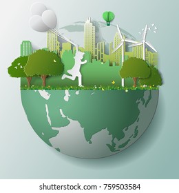 Paper folding art origami style vector illustration. Green renewable energy ecology technology power saving environmentally friendly concepts, girl run and hold balloons in parks near city on globe