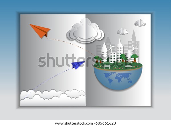 Paper folding\
art origami style vector illustration. Green renewable energy\
ecology technology power saving environmentally friendly concepts,\
the plane flying over clouds. \
