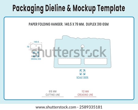 Paper Folding Hanger 140.5 x 79 mm. Duplex Paper. Dieline Real Shape and Dimension. Mockup Template. Equipped die cut lengths prepared for production. 