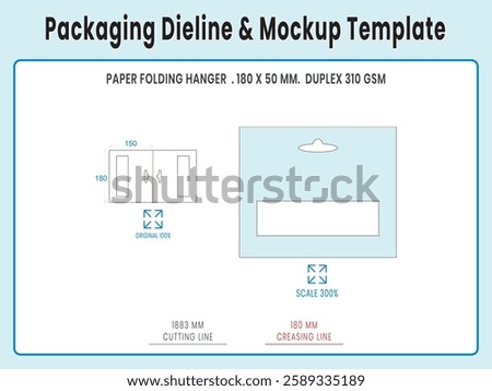 Paper Folding Hanger 180 x 50 mm. Duplex Paper. Dieline Real Shape and Dimension. Mockup Template. Equipped die cut lengths prepared for production. 