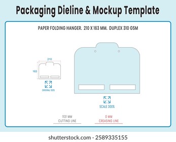 Paper Folding Hanger 210 x 163 mm. Duplex Paper. Dieline Real Shape and Dimension. Mockup Template. Equipped die cut lengths prepared for production.